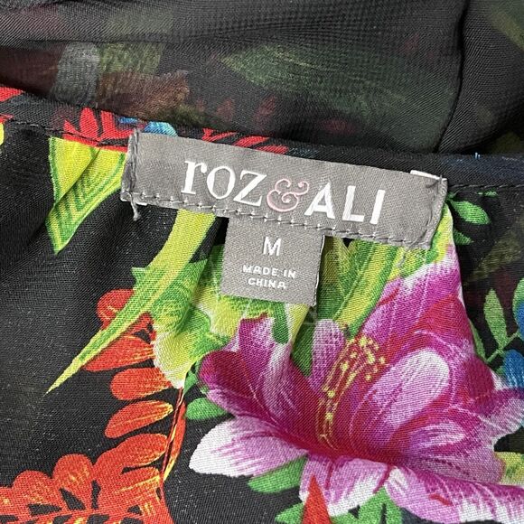 Roz & Ali Medium Top Floral 3/4 Balloon Sleeves Button-Up Sheer Tie-Front Multi - Picture 8 of 10
